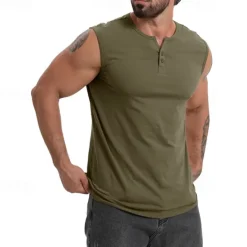 Sale OUKU Men's Tank Top Vest Top Undershirt Sleeveless Shirt Sleeveless Henley Spring & Summer Plain Fashion Designer Vacation Street Going out Black Dark Navy Khaki Top Tee for Men