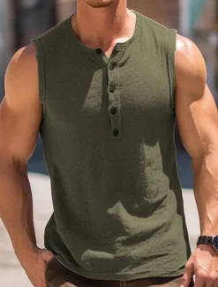Hot OUKU Men's Tank Top Vest Top Undershirt Sleeveless Shirt Sleeveless Henley Summer Plain Fashion Muscle Outdoor Going out Gym Black White Brown Top Tee for Men