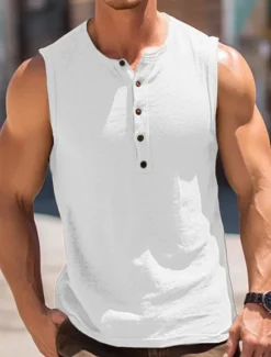 Hot OUKU Men's Tank Top Vest Top Undershirt Sleeveless Shirt Sleeveless Henley Summer Plain Fashion Muscle Outdoor Going out Gym Black White Brown Top Tee for Men