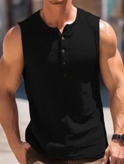 Hot OUKU Men's Tank Top Vest Top Undershirt Sleeveless Shirt Sleeveless Henley Summer Plain Fashion Muscle Outdoor Going out Gym Black White Brown Top Tee for Men