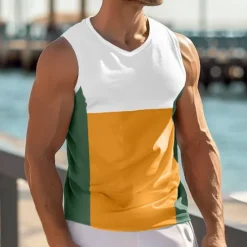 Discount OUKU Men's Tank Top Vest Undershirt Sleeveless Shirt Sleeveless V Neck Summer Color Block Fashion Classic Comfortable Street Casual Sports Yellow Blue Orange Top Tee for Men