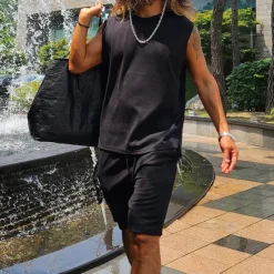 OUKU Men's Tank T-shirt Suits 2 Pieces Outfits Tee & Shorts Sleeveless Crew Neck Summer Plain Fashion Casual 2 Piece Vacation Daily Wear Going out Black White Top Tee for Men