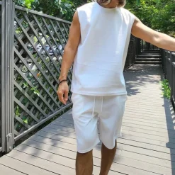 OUKU Men's Tank T-shirt Suits 2 Pieces Outfits Tee & Shorts Sleeveless Crew Neck Summer Plain Fashion Casual 2 Piece Vacation Daily Wear Going out Black White Top Tee for Men