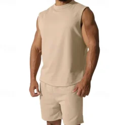 OUKU Men's Tank T-shirt Suits Undershirt 2 Pieces Outfits Short Sleeve Crewneck Summer Plain Fashion Casual 2 Piece Vacation Daily Wear Going out Black White Red Top Tee for Men