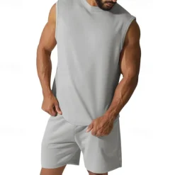 OUKU Men's Tank T-shirt Suits Undershirt 2 Pieces Outfits Short Sleeve Crewneck Summer Plain Fashion Casual 2 Piece Vacation Daily Wear Going out Black White Red Top Tee for Men