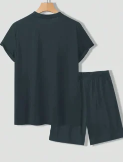 OUKU Men's Tee & Drawstring Waist Shorts 2 Pieces Outfits Short Sleeve Crewneck Summer Color Block Striped Fashion Sport Casual 2 Piece Vacation Casual Daily Wear Black Wine Green Top Tee for Men
