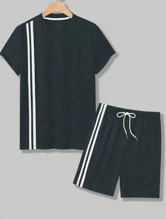 OUKU Men's Tee & Drawstring Waist Shorts 2 Pieces Outfits Short Sleeve Crewneck Summer Color Block Striped Fashion Sport Casual 2 Piece Vacation Casual Daily Wear Black Wine Green Top Tee for Men