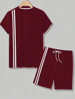 OUKU Men's Tee & Drawstring Waist Shorts 2 Pieces Outfits Short Sleeve Crewneck Summer Color Block Striped Fashion Sport Casual 2 Piece Vacation Casual Daily Wear Black Wine Green Top Tee for Men