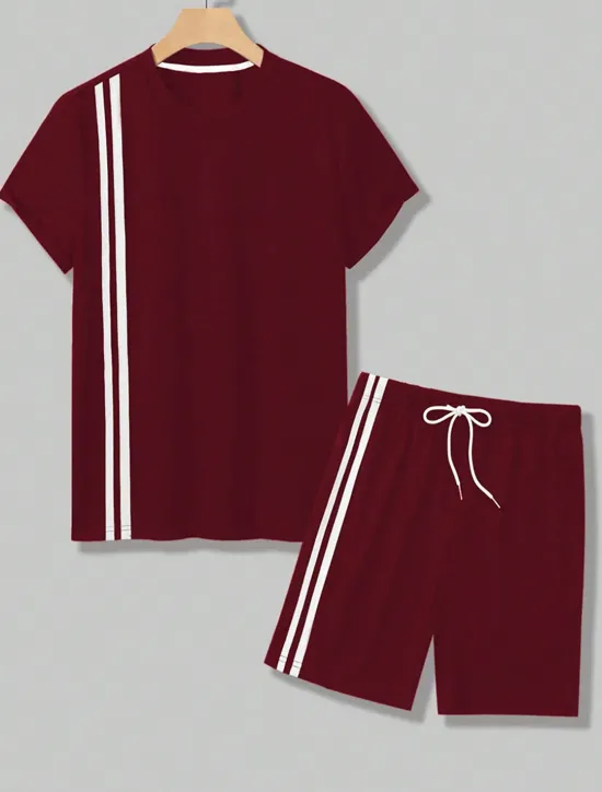 OUKU Men's Tee & Drawstring Waist Shorts 2 Pieces Outfits Short Sleeve Crewneck Summer Color Block Striped Fashion Sport Casual 2 Piece Vacation Casual Daily Wear Black Wine Green Top Tee for Men