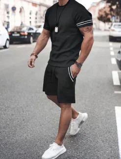 New OUKU Men's Tee & Drawstring Waist Shorts 2 Pieces Outfits Short Sleeves Crewneck Summer Striped Fashion Sport Casual 2 Piece Striped Trim Vacation Daily Wear Activewear Black Pink Khaki Top Tee for Men