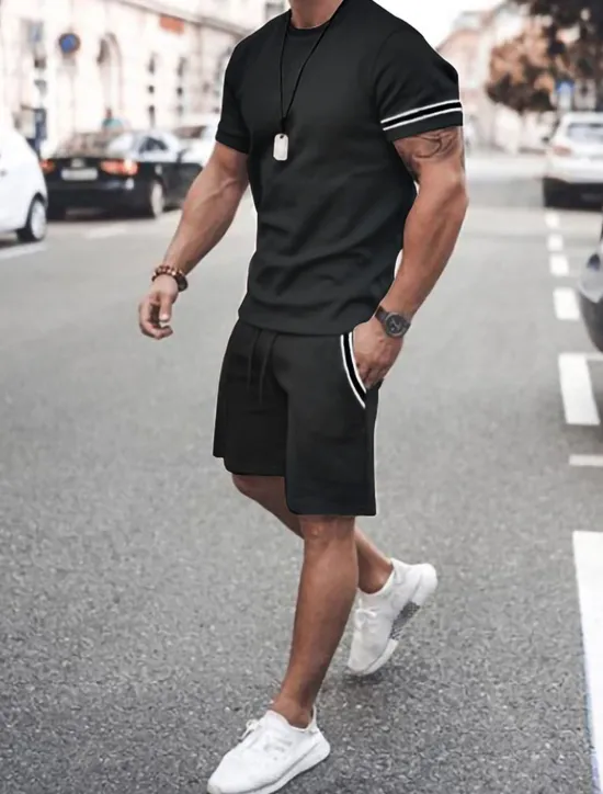 New OUKU Men's Tee & Drawstring Waist Shorts 2 Pieces Outfits Short Sleeves Crewneck Summer Striped Fashion Sport Casual 2 Piece Striped Trim Vacation Daily Wear Activewear Black Pink Khaki Top Tee for Men