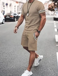 New OUKU Men's Tee & Drawstring Waist Shorts 2 Pieces Outfits Short Sleeves Crewneck Summer Striped Fashion Sport Casual 2 Piece Striped Trim Vacation Daily Wear Activewear Black Pink Khaki Top Tee for Men