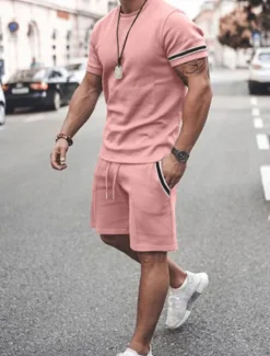 New OUKU Men's Tee & Drawstring Waist Shorts 2 Pieces Outfits Short Sleeves Crewneck Summer Striped Fashion Sport Casual 2 Piece Striped Trim Vacation Daily Wear Activewear Black Pink Khaki Top Tee for Men