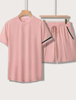 New OUKU Men's Tee & Drawstring Waist Shorts 2 Pieces Outfits Short Sleeves Crewneck Summer Striped Fashion Sport Casual 2 Piece Striped Trim Vacation Daily Wear Activewear Black Pink Khaki Top Tee for Men