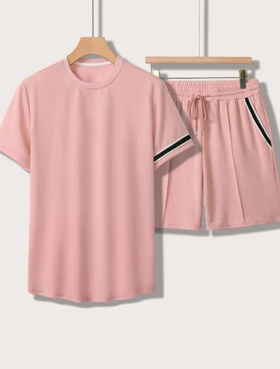 New OUKU Men's Tee & Drawstring Waist Shorts 2 Pieces Outfits Short Sleeves Crewneck Summer Striped Fashion Sport Casual 2 Piece Striped Trim Vacation Daily Wear Activewear Black Pink Khaki Top Tee for Men