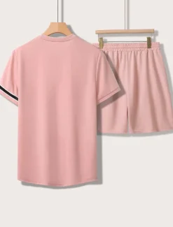 New OUKU Men's Tee & Drawstring Waist Shorts 2 Pieces Outfits Short Sleeves Crewneck Summer Striped Fashion Sport Casual 2 Piece Striped Trim Vacation Daily Wear Activewear Black Pink Khaki Top Tee for Men