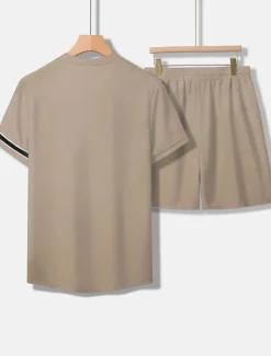 New OUKU Men's Tee & Drawstring Waist Shorts 2 Pieces Outfits Short Sleeves Crewneck Summer Striped Fashion Sport Casual 2 Piece Striped Trim Vacation Daily Wear Activewear Black Pink Khaki Top Tee for Men