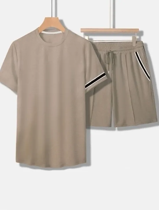 New OUKU Men's Tee & Drawstring Waist Shorts 2 Pieces Outfits Short Sleeves Crewneck Summer Striped Fashion Sport Casual 2 Piece Striped Trim Vacation Daily Wear Activewear Black Pink Khaki Top Tee for Men