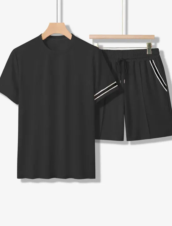 New OUKU Men's Tee & Drawstring Waist Shorts 2 Pieces Outfits Short Sleeves Crewneck Summer Striped Fashion Sport Casual 2 Piece Striped Trim Vacation Daily Wear Activewear Black Pink Khaki Top Tee for Men