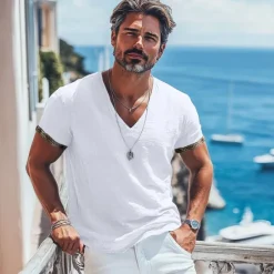 Outlet OUKU Men's Tee Top Linen T-Shirt Short Sleeve Short Sleeves V Neck Summer Plain Fashion Designer Basic Soft Vacation Street Casual Daily Light Blue White Pink Top Tee for Men