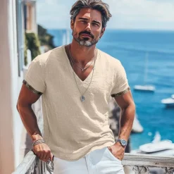 Outlet OUKU Men's Tee Top Linen T-Shirt Short Sleeve Short Sleeves V Neck Summer Plain Fashion Designer Basic Soft Vacation Street Casual Daily Light Blue White Pink Top Tee for Men