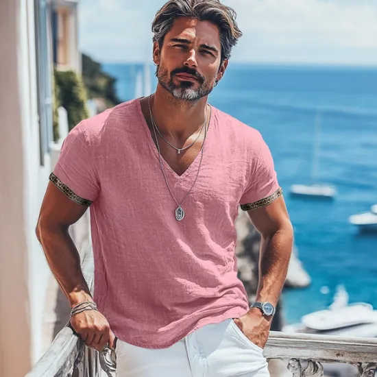 Outlet OUKU Men's Tee Top Linen T-Shirt Short Sleeve Short Sleeves V Neck Summer Plain Fashion Designer Basic Soft Vacation Street Casual Daily Light Blue White Pink Top Tee for Men
