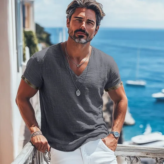 Outlet OUKU Men's Tee Top Linen T-Shirt Short Sleeve Short Sleeves V Neck Summer Plain Fashion Designer Basic Soft Vacation Street Casual Daily Light Blue White Pink Top Tee for Men