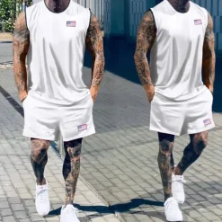 Best OUKU Men's Tennis Shirt Shorts and T Shirt Set Casual Sleeveless Suit Sleeveless Crew Neck Summer Color Block Gymnatics Casual 2 Piece Vacation Daily Wear Activewear Black White Green Top Tee for Men