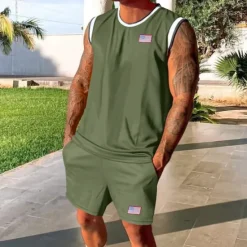 Best OUKU Men's Tennis Shirt Shorts and T Shirt Set Casual Sleeveless Suit Sleeveless Crew Neck Summer Color Block Gymnatics Casual 2 Piece Vacation Daily Wear Activewear Black White Green Top Tee for Men