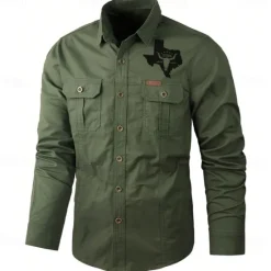 Hot OUKU Men's Texas Cow Print Work Shirt Western Shirt Cargo Shirt Long Sleeve Casual Tactical Sports & Outdoor Going out Winter Spring & Fall Turndown Print Black Army Green Khaki Beige
