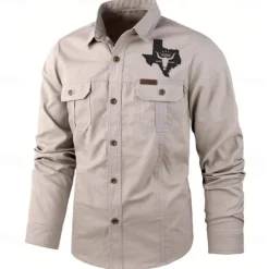 Hot OUKU Men's Texas Cow Print Work Shirt Western Shirt Cargo Shirt Long Sleeve Casual Tactical Sports & Outdoor Going out Winter Spring & Fall Turndown Print Black Army Green Khaki Beige