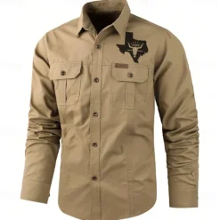 Hot OUKU Men's Texas Cow Print Work Shirt Western Shirt Cargo Shirt Long Sleeve Casual Tactical Sports & Outdoor Going out Winter Spring & Fall Turndown Print Black Army Green Khaki Beige