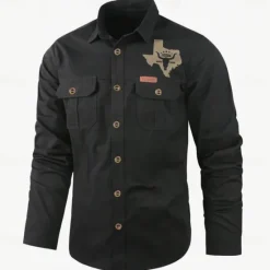 Hot OUKU Men's Texas Cow Print Work Shirt Western Shirt Cargo Shirt Long Sleeve Casual Tactical Sports & Outdoor Going out Winter Spring & Fall Turndown Print Black Army Green Khaki Beige