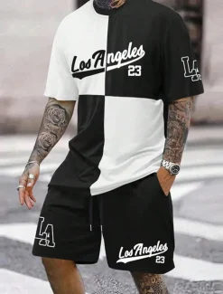 Outlet OUKU Men's Text / Number 2pcs Tees sets Summer Tops Short Sleeve Short Pants Crew Neck Athleisure Sports & Outdoor Sport Casual Daily Crewneck Summer White Blue Brown