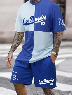 Outlet OUKU Men's Text / Number 2pcs Tees sets Summer Tops Short Sleeve Short Pants Crew Neck Athleisure Sports & Outdoor Sport Casual Daily Crewneck Summer White Blue Brown
