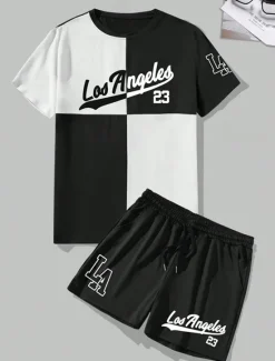 Outlet OUKU Men's Text / Number 2pcs Tees sets Summer Tops Short Sleeve Short Pants Crew Neck Athleisure Sports & Outdoor Sport Casual Daily Crewneck Summer White Blue Brown