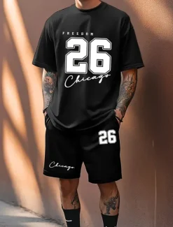 New OUKU Men's Text / Number 2pcs Tees sets Summer Tops Short Sleeve Short Pants Crew Neck Athleisure Sport Casual Daily Crewneck Summer Black White Green