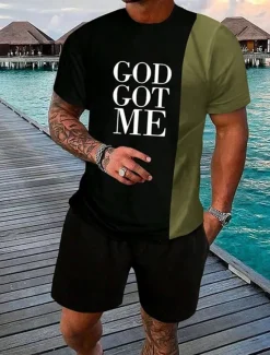 Best OUKU Men's Text / Number 2pcs Tees sets Summer Tops Short Sleeve Short Pants Crew Neck Sport Casual Outdoor Sport Daily 3D Print Summer Grey Green Brown