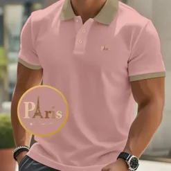 New OUKU Men's Text Eiffel Tower Polo Short Sleeve Polo Shirts Collared Shirts Business Casual School Athleisure Daily Wear 3D Print Summer Black Pink Navy Blue