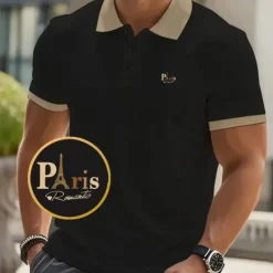New OUKU Men's Text Eiffel Tower Polo Short Sleeve Polo Shirts Collared Shirts Business Casual School Athleisure Daily Wear 3D Print Summer Black Pink Navy Blue
