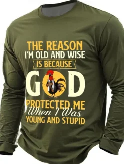 Hot OUKU Men's The Reason I'm Old And Wise Is Because God Protected Me When I Was Young And Stupid Funny Slang T Shirt Long Sleeve T shirt 3D Print Crew Neck Shirt Fashion Basic Street Casual Daily Clothing