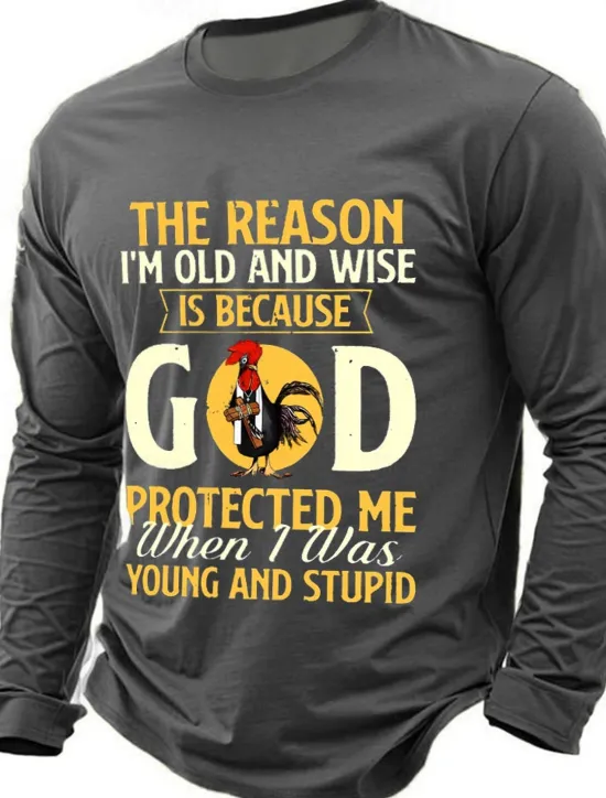 Hot OUKU Men's The Reason I'm Old And Wise Is Because God Protected Me When I Was Young And Stupid Funny Slang T Shirt Long Sleeve T shirt 3D Print Crew Neck Shirt Fashion Basic Street Casual Daily Clothing