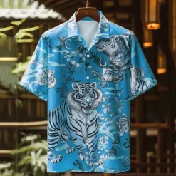 New OUKU Men's Tiger Button Up Shirt Printed Shirts Short Sleeve Subcultural Party Street Holiday Summer Turndown Pocket Print Button-Down Blue Orange Green