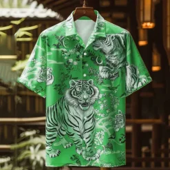 New OUKU Men's Tiger Button Up Shirt Printed Shirts Short Sleeve Subcultural Party Street Holiday Summer Turndown Pocket Print Button-Down Blue Orange Green