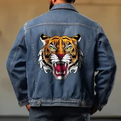 Sale OUKU Men's Tiger Coat Jean Jacket Denim Jacket Breathable Comfortable Casual Sports & Outdoor Going out Weekend Buttons Print Fall & Winter Turndown Long Sleeve Black Blue