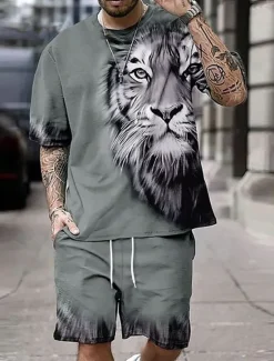 Outlet OUKU Men's Tiger 2pcs Tees sets Summer Tops Short Sleeve Short Pants Crew Neck Sport Casual Outdoor Vacation Sport 3D Print Summer Grey Dark Blue Red