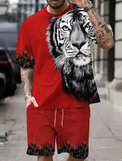 Outlet OUKU Men's Tiger 2pcs Tees sets Summer Tops Short Sleeve Short Pants Crew Neck Sport Casual Outdoor Vacation Sport 3D Print Summer Grey Dark Blue Red
