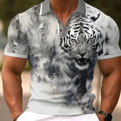 Outlet OUKU Men's Tiger Polo Shirts Golf Shirt Short Sleeve Polo Shirts Collared Shirts Funny Streetwear Vacation Wear Party Outfits Buttons 3D Print Spring & Summer Gray