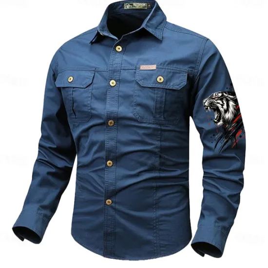 Best OUKU Men's Tiger Work Shirt Western Shirt Cargo Shirt Long Sleeve Vintage Casual Western Style Sports & Outdoor Going out Winter Spring & Fall Turndown Print Black White Army Green Red Blue