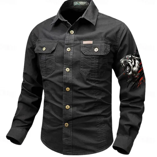 Best OUKU Men's Tiger Work Shirt Western Shirt Cargo Shirt Long Sleeve Vintage Casual Western Style Sports & Outdoor Going out Winter Spring & Fall Turndown Print Black White Army Green Red Blue